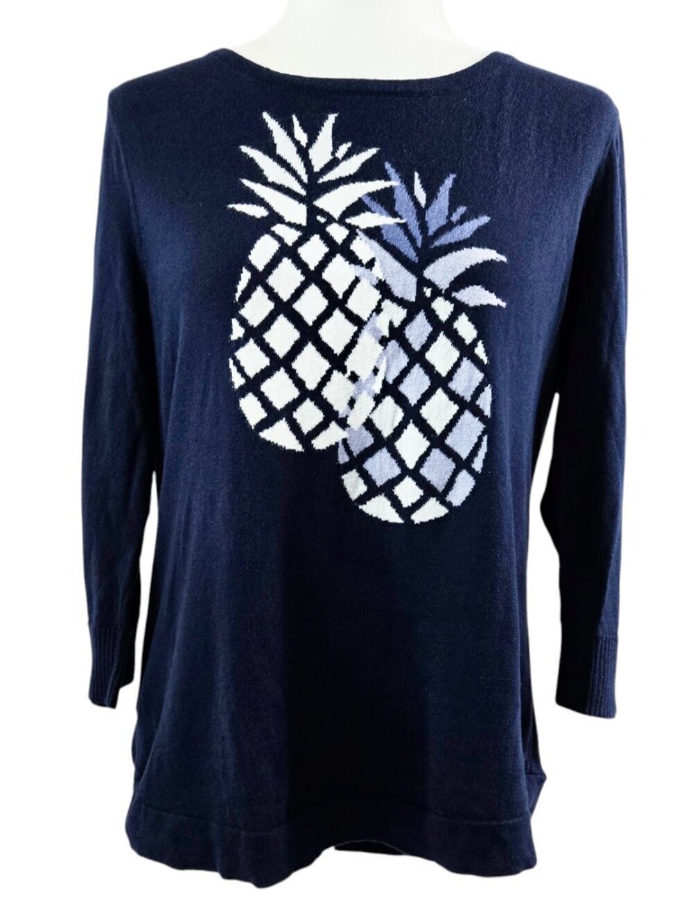 Chico's 100% Cotton Navy Blue Pineapple Intarsia Novelty Print Sweater